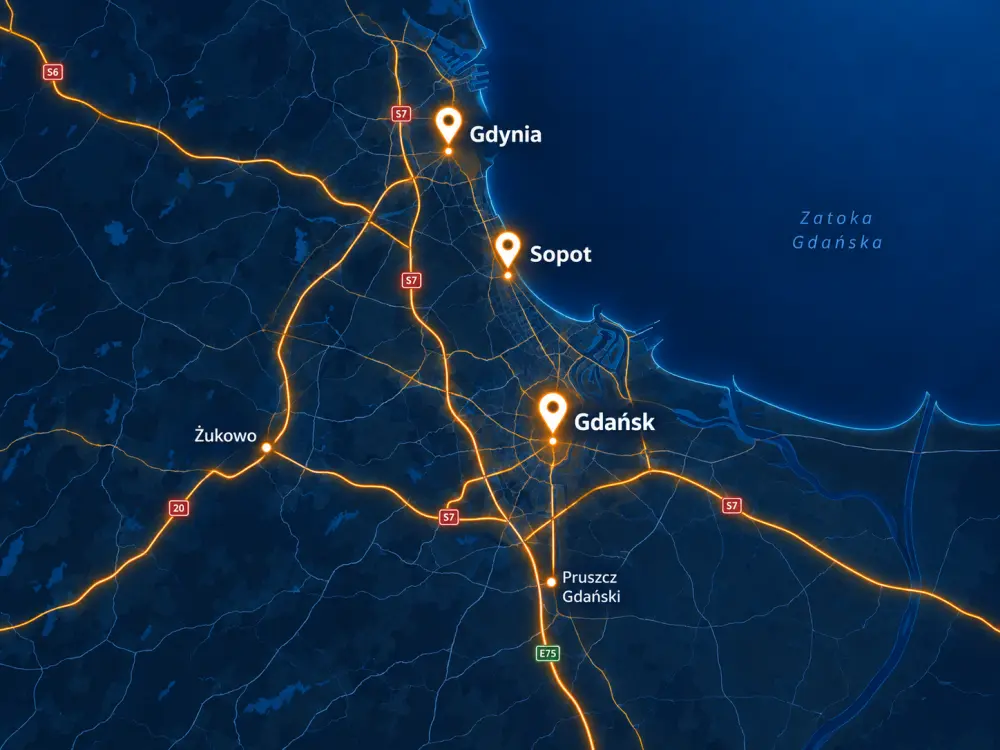 Mapa obszaru działania Next Home: Gdynia, Sopot, Gdańsk i okolice